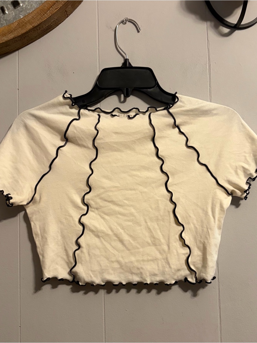 Arizona Jean Company Cream Crop Top with Black Lettuce-Edge Trim